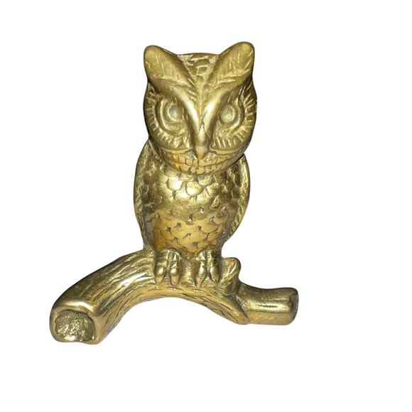Vintage Solid Brass Perched Owl Detailed Figurine MCM Boho Decor 2 3/4” Tall - Picture 1 of 4